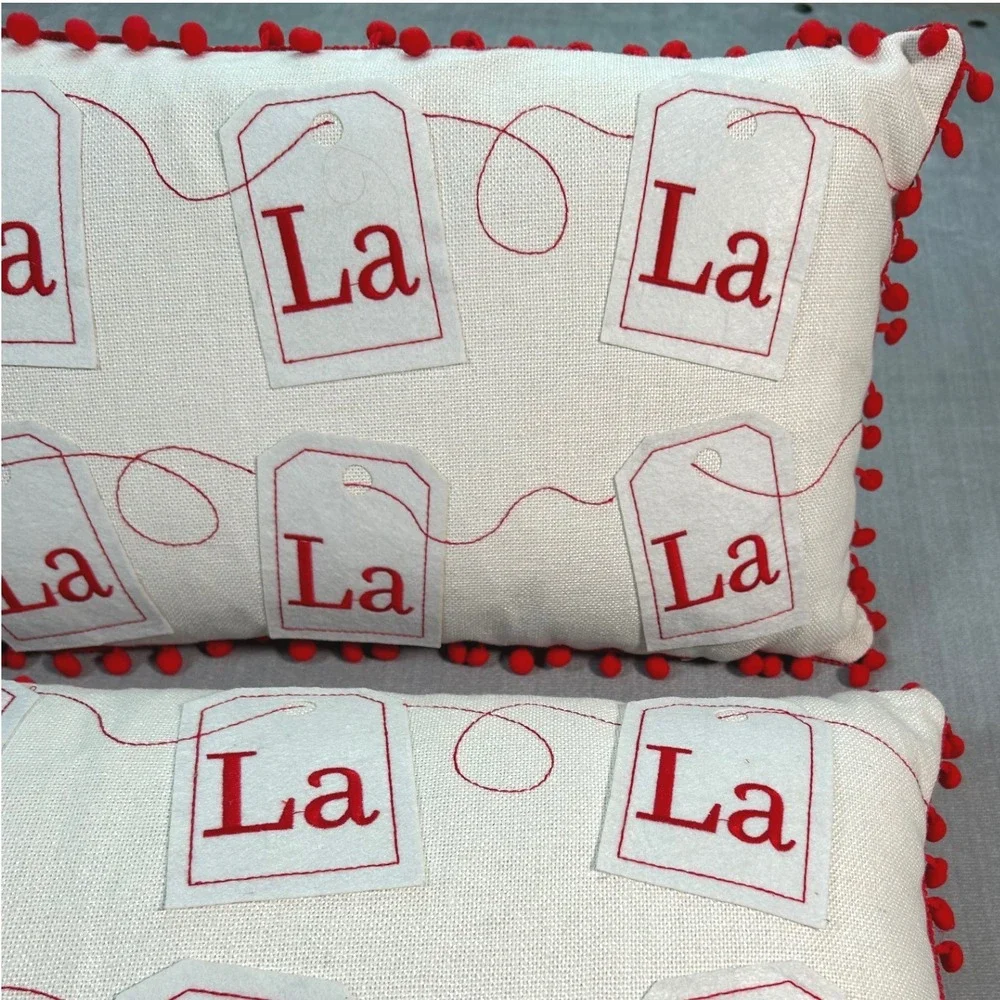 Christmas Holiday Fa La La Tea Bag Decorative Throw Pillow with Pom Poms Red Zip
